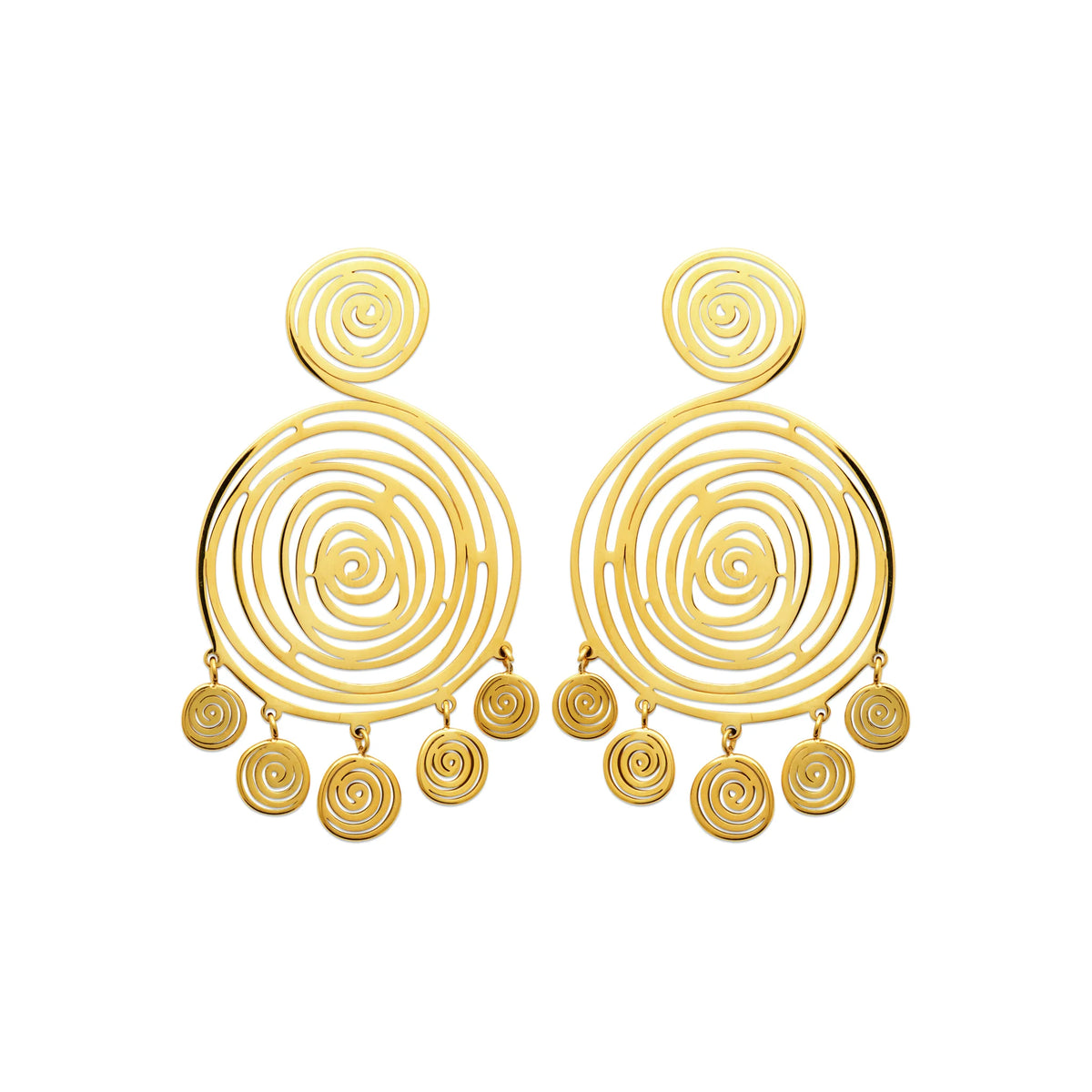 Boucles d’oreilles pendantes spirale et pampilles en acier PVD doré