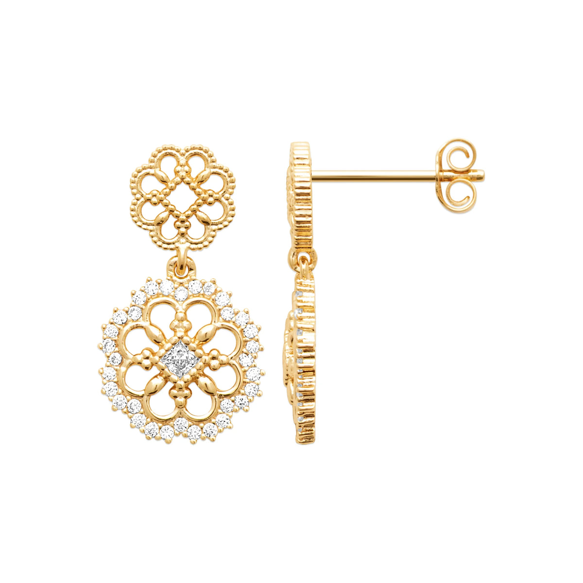Boucles d’oreilles pendantes trèfle filigrané et rosace de zircons en plaqué or