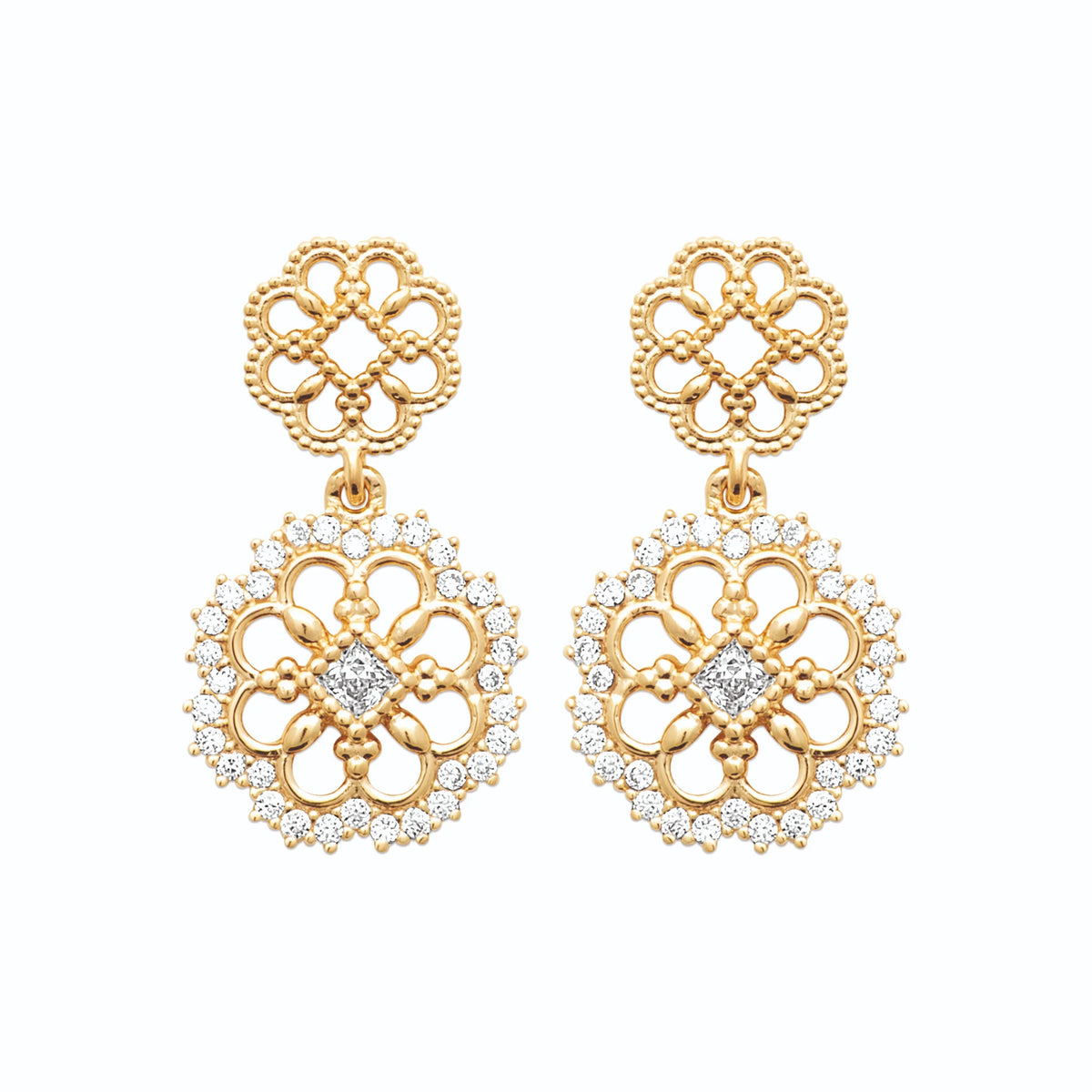 Boucles d’oreilles pendantes trèfle filigrané et rosace de zircons en plaqué or