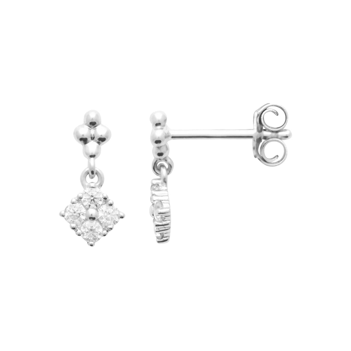 Boucles d’oreilles pendantes trio de billes et losange de zircons enfant en argent 925 rhodié