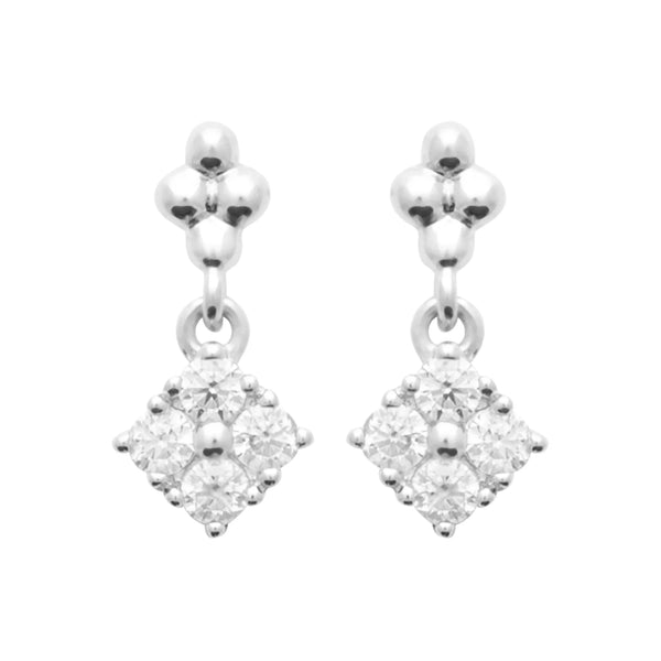 Boucles d’oreilles pendantes trio de billes et losange de zircons enfant en argent 925 rhodié