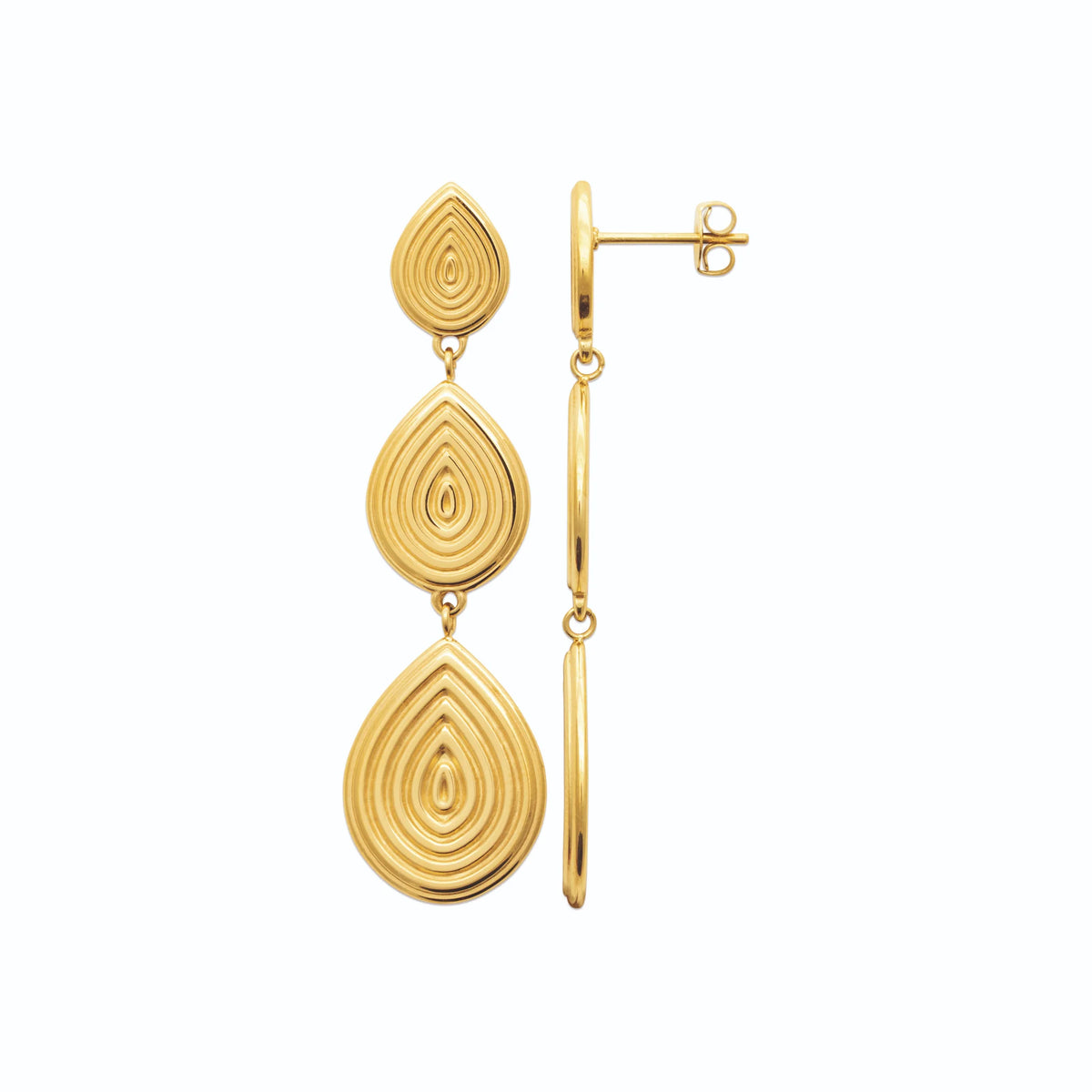 Boucles d’oreilles pendantes trois gouttes guillochées en acier PVD doré