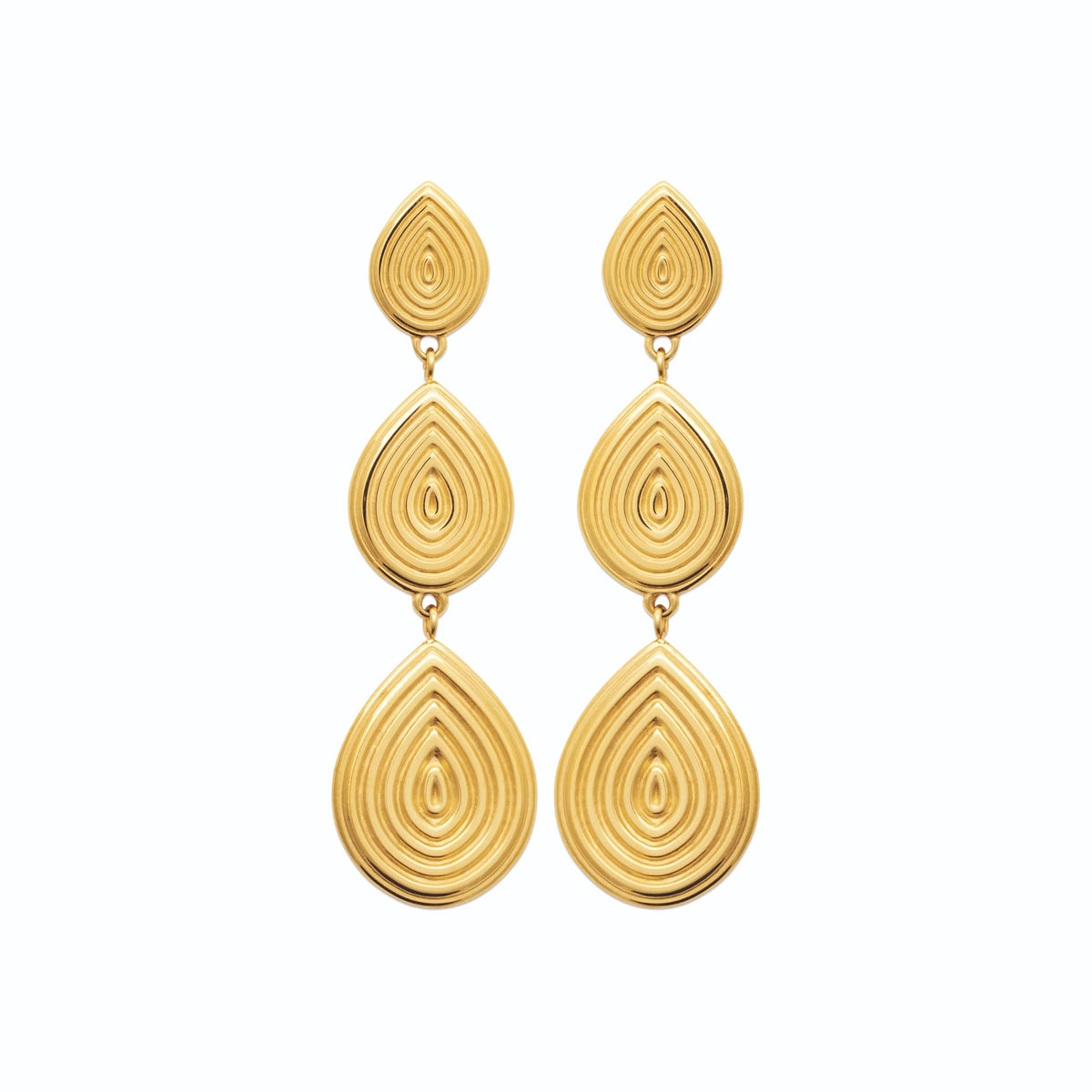 Boucles d’oreilles pendantes trois gouttes guillochées en acier PVD doré