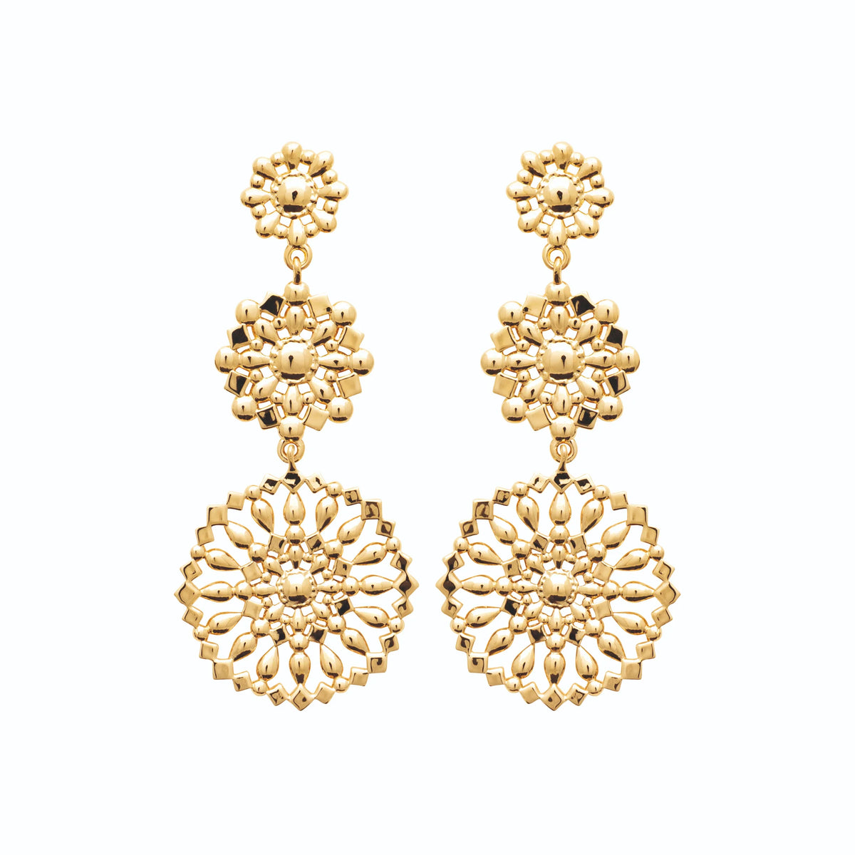 Boucles d’oreilles pendantes trois rosaces perlées en plaqué or