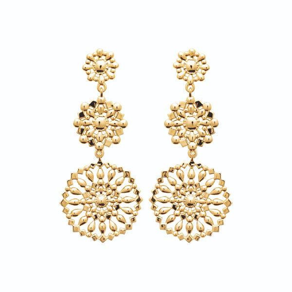 Boucles d’oreilles pendantes trois rosaces perlées en plaqué or