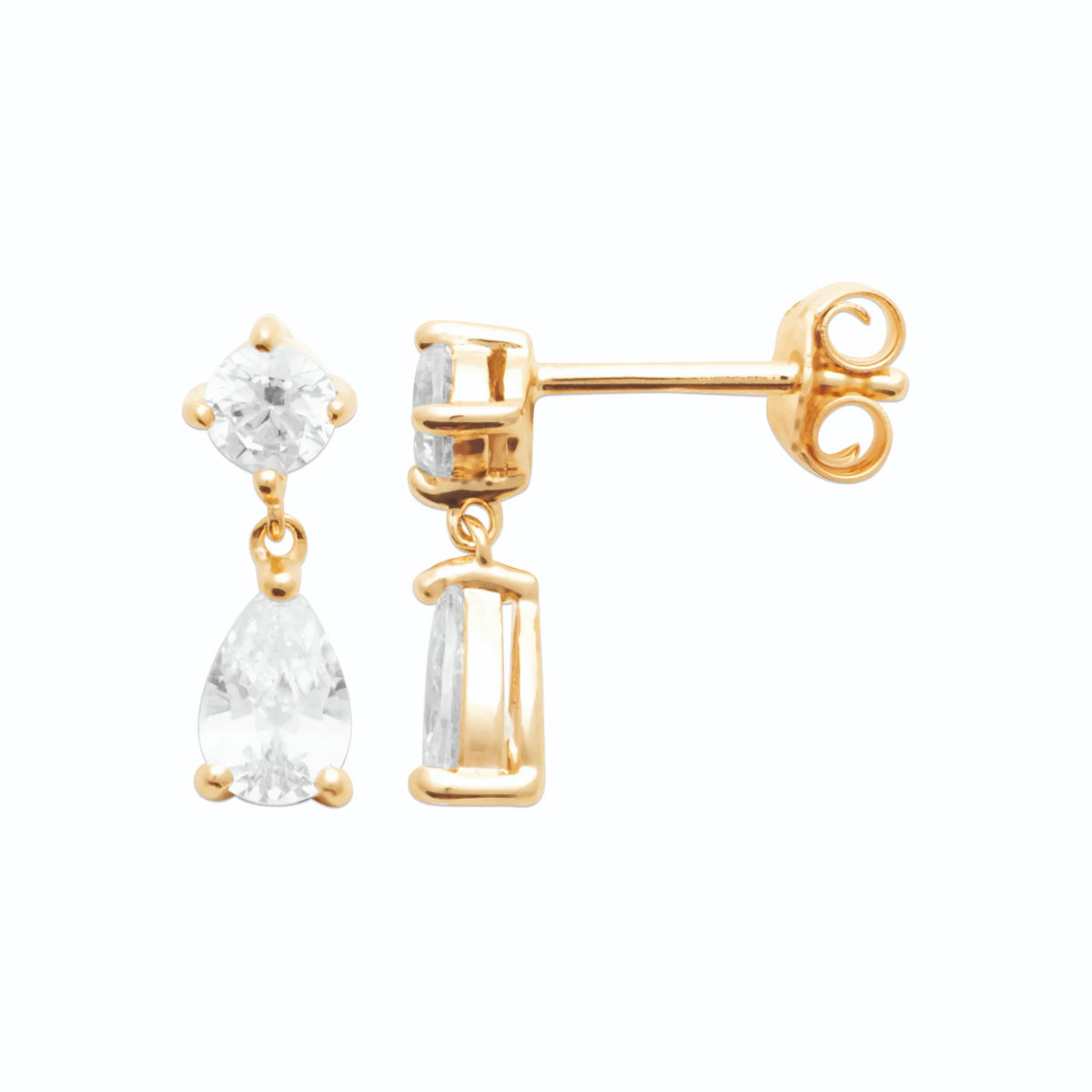 Boucles d’oreilles pendantes zircon carré et goutte blanche en plaqué or