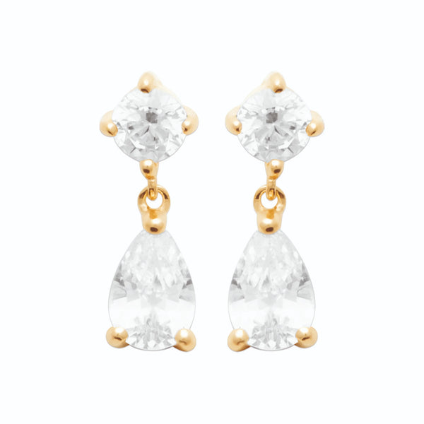Boucles d’oreilles pendantes zircon carré et goutte blanche en plaqué or