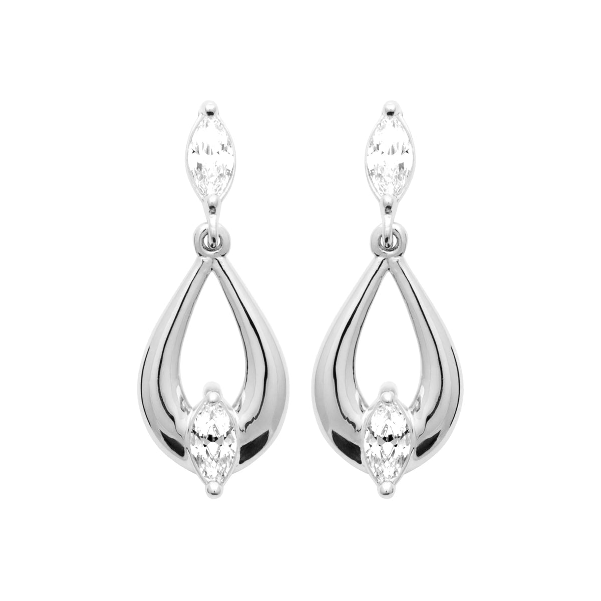 Boucles d’oreilles pendantes zircon navette et goutte ajourée en argent 925 rhodié