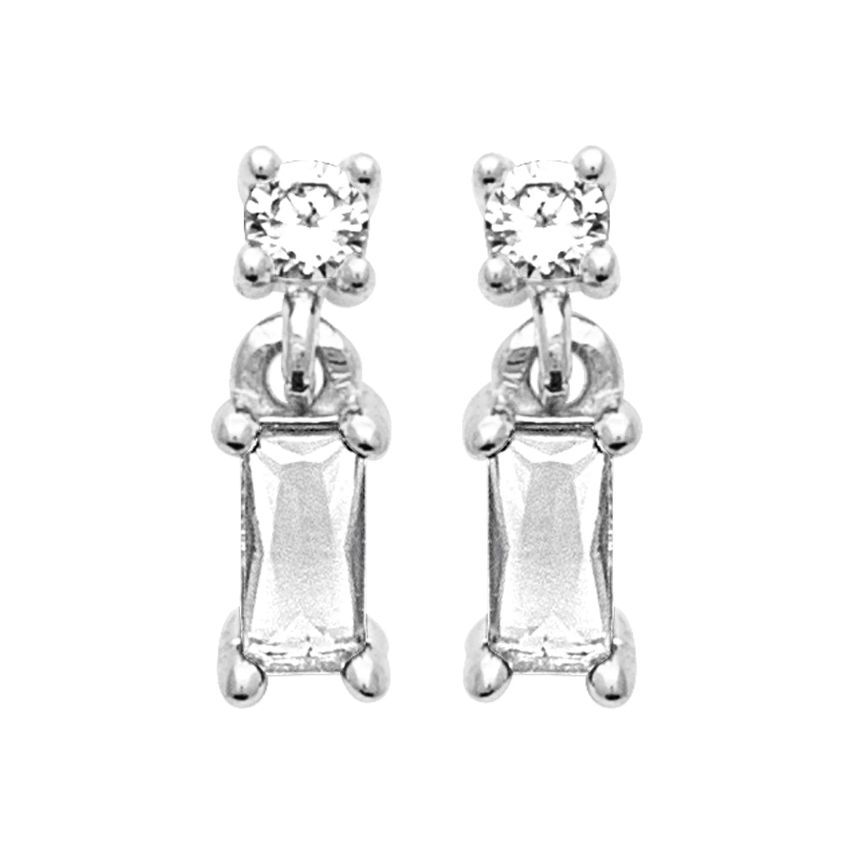 Boucles d’oreilles pendantes zircon rond et baguette rectangulaire en argent 925 rhodié