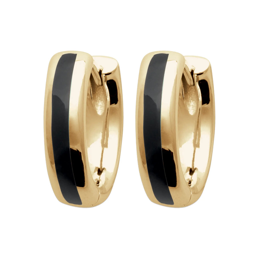 Boucles d’Oreilles Créoles – Plaqué Or 18 Carats – Liseré Émaillé Noir – 15 mm, vue de face