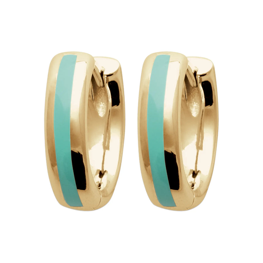 Boucles d’Oreilles Créoles – Plaqué Or 18 Carats – Liseré Émaillé Turquoise – 15 mm, vue de face
