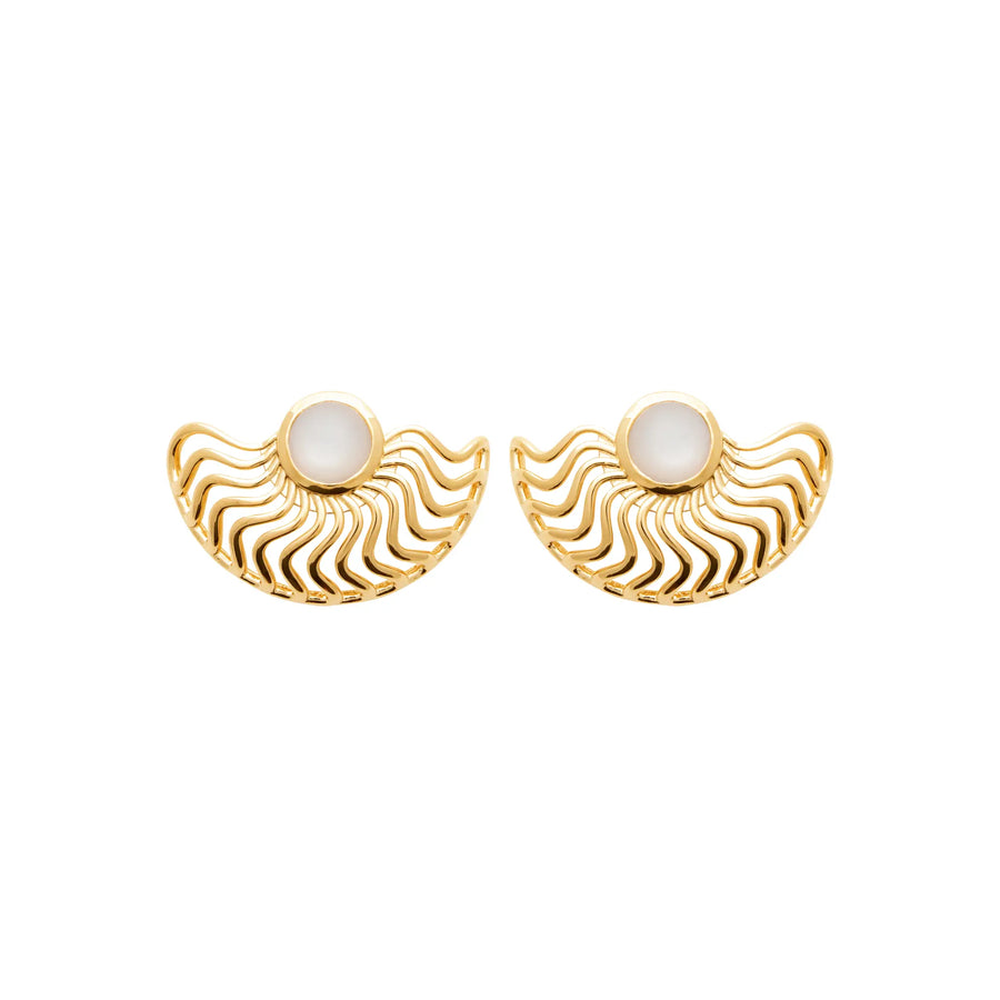 Boucles d’Oreilles Éventail Pierre de Lune – Plaqué Or 18 Carats, vue de face