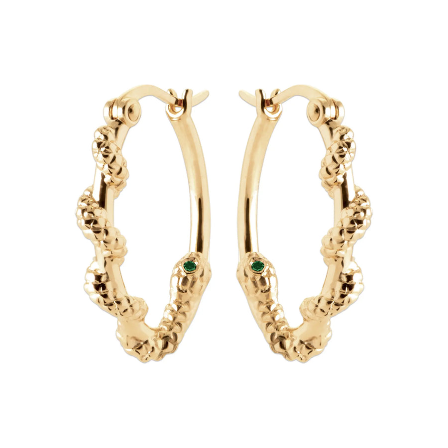 Boucles d’Oreilles Créoles Serpent – Plaqué Or 18 Carats – Yeux Pierres Vertes, vue de face