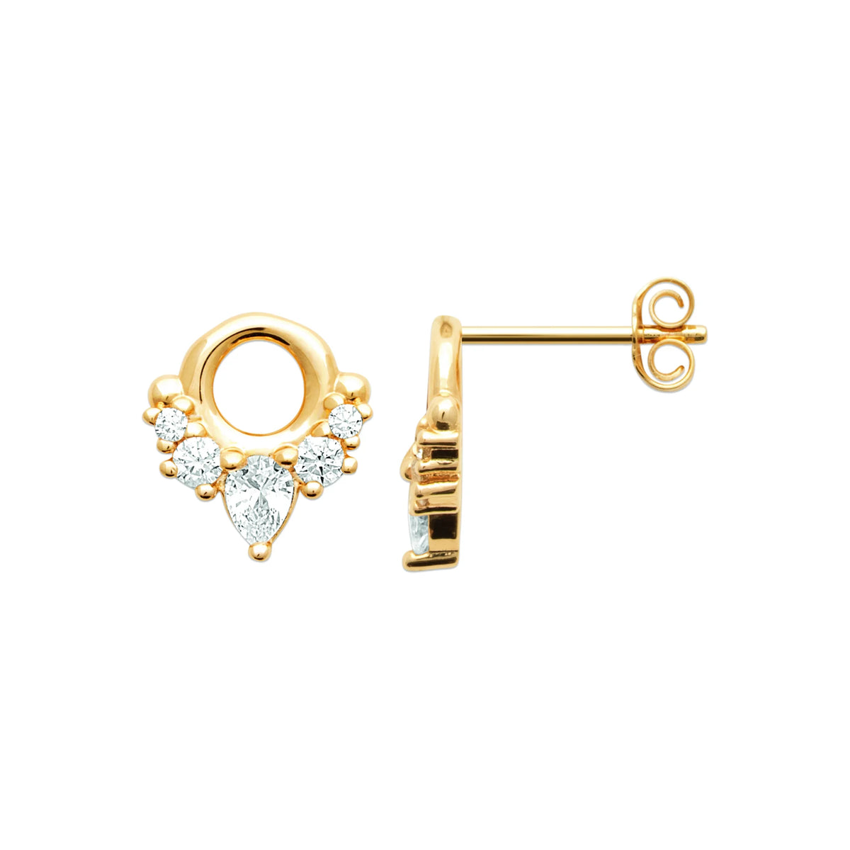 Boucles d’oreilles puces anneau et frange de zircons en plaqué or
