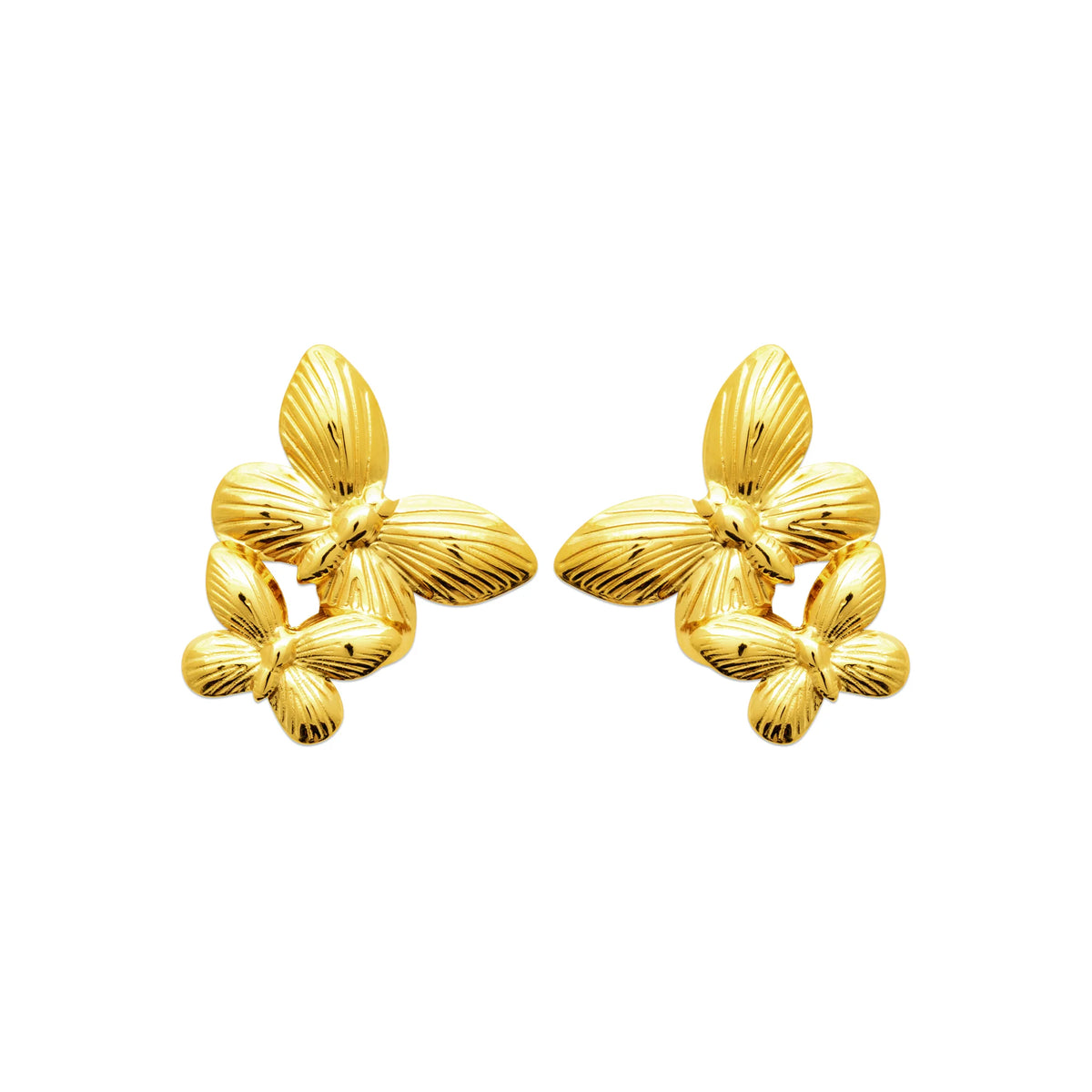Boucles d’oreilles puces bouquet de feuilles et fleurs en acier PVD doré
