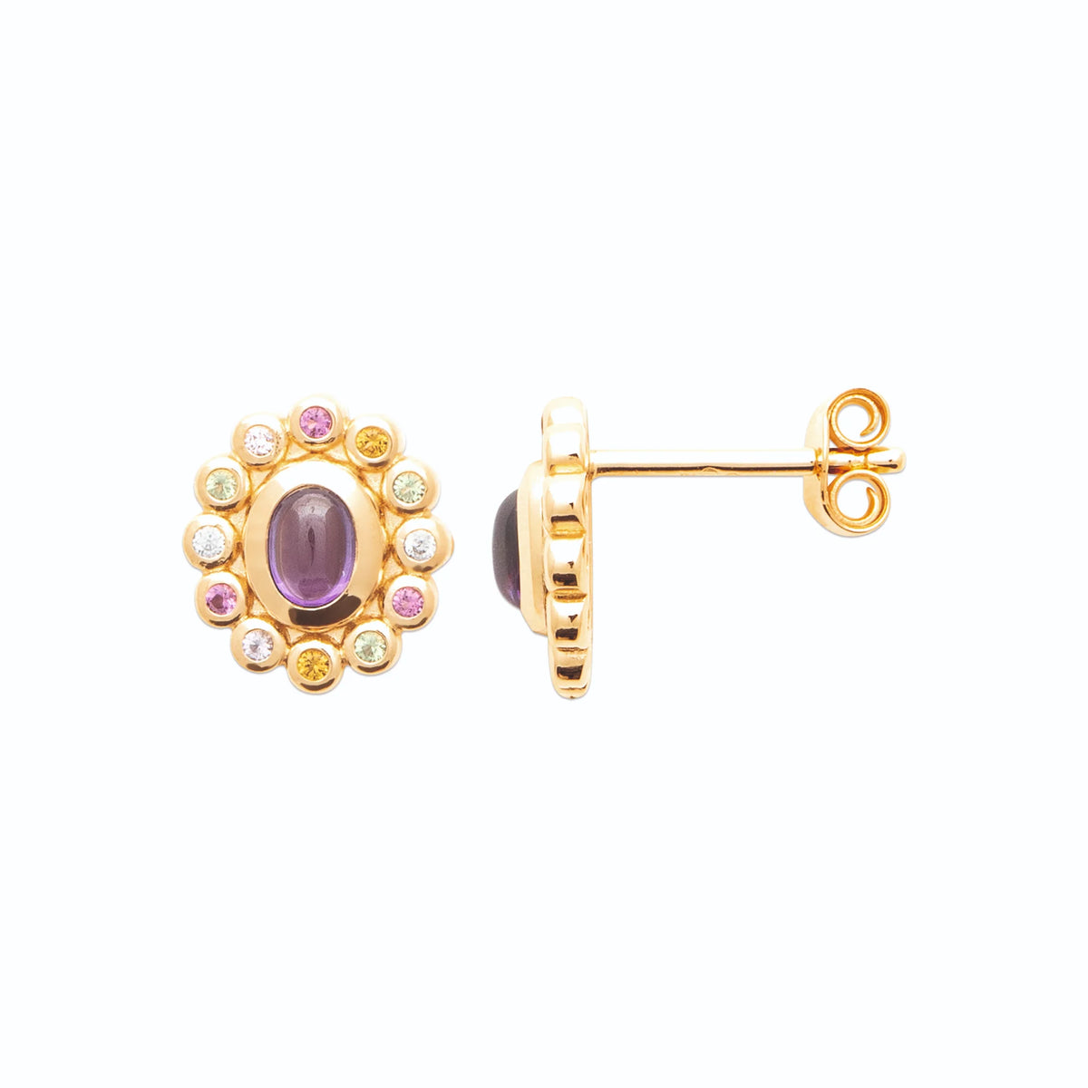 Boucles d’oreilles puces cabochon violet entouré de pierres en plaqué or