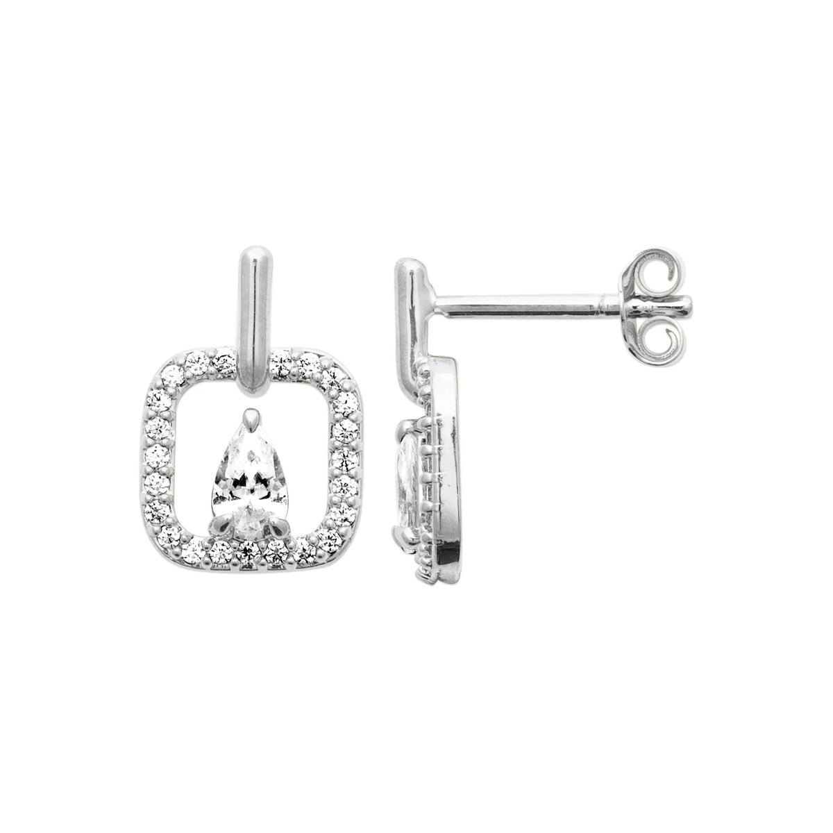 Boucles d’oreilles puces cadre carré pavé et zircon poire en argent 925 rhodié
