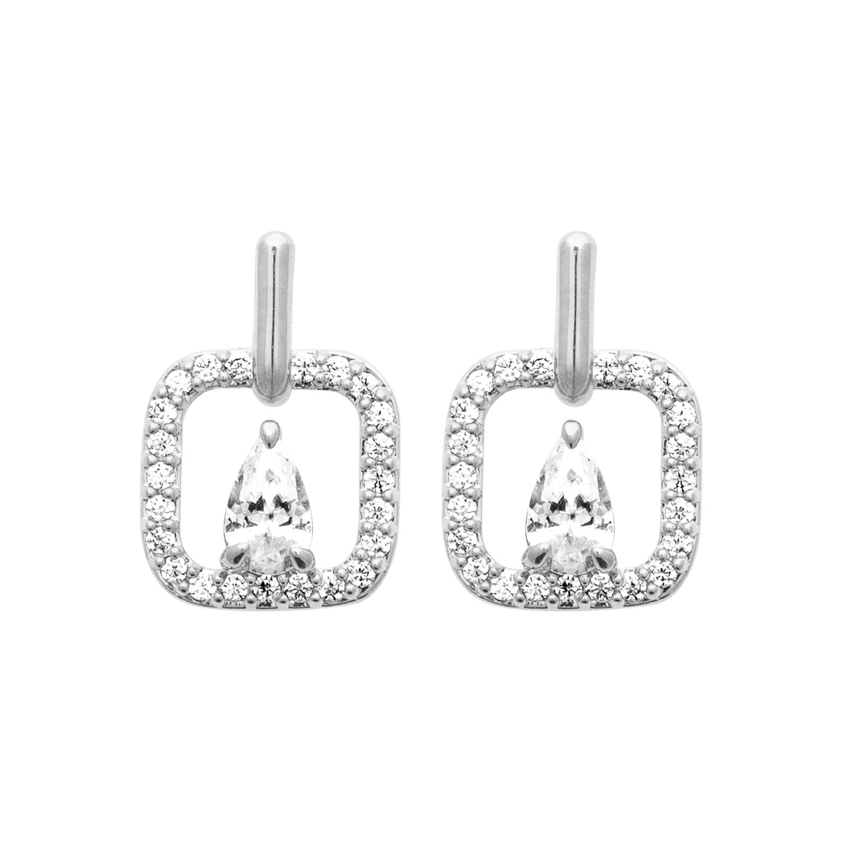 Boucles d’oreilles puces cadre carré pavé et zircon poire en argent 925 rhodié