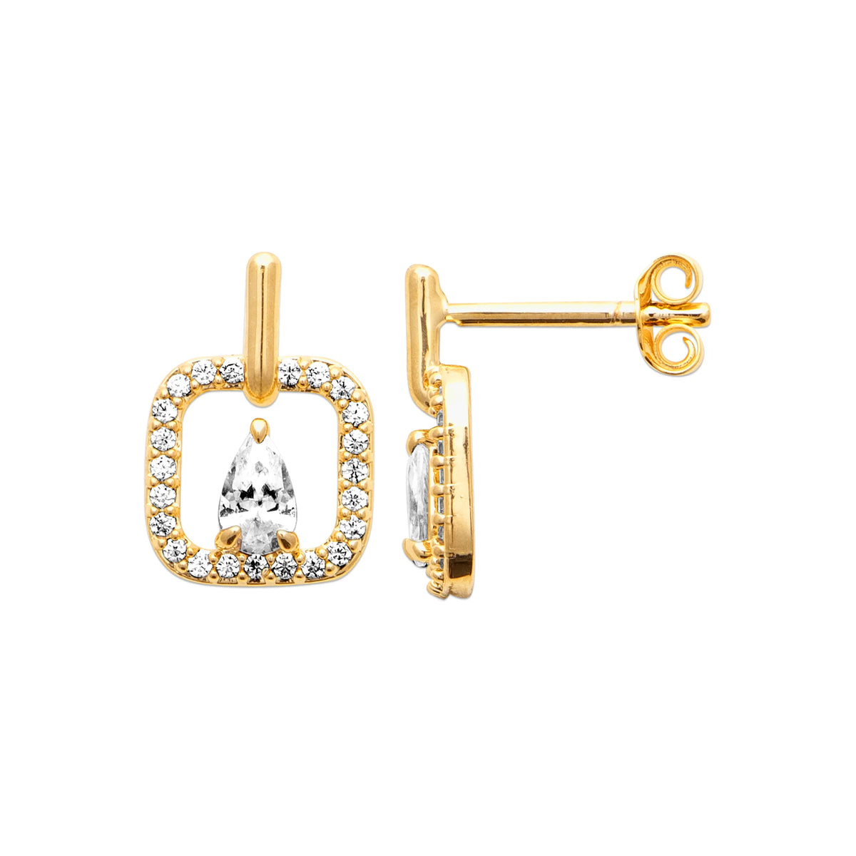 Boucles d’oreilles puces cadre carré pavé et zircon poire en plaqué or
