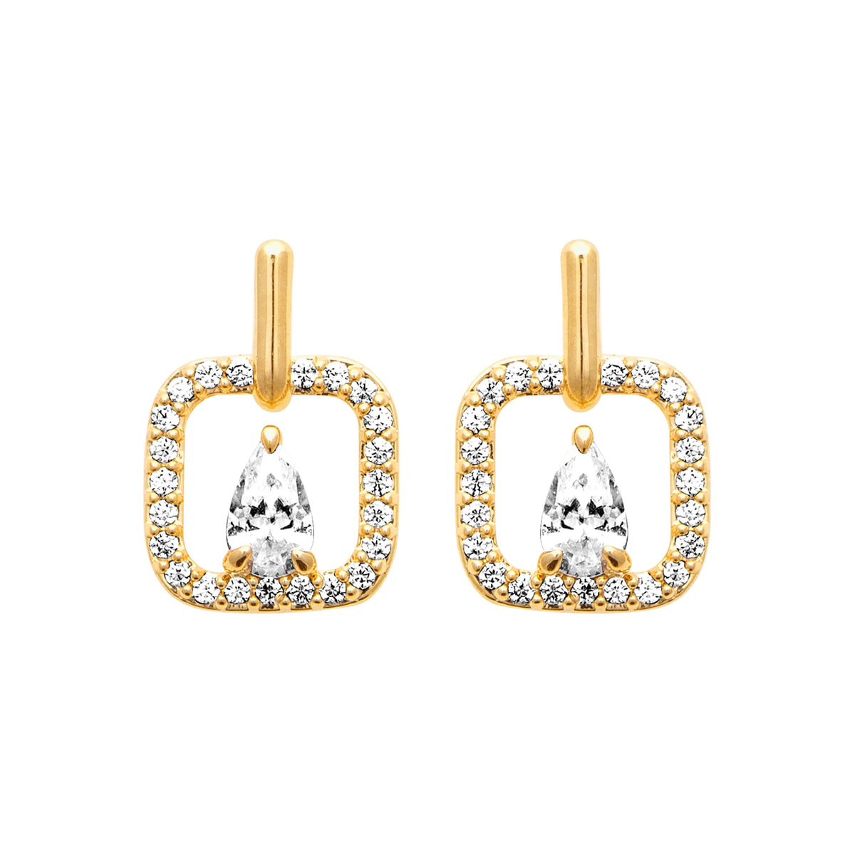 Boucles d’oreilles puces cadre carré pavé et zircon poire en plaqué or