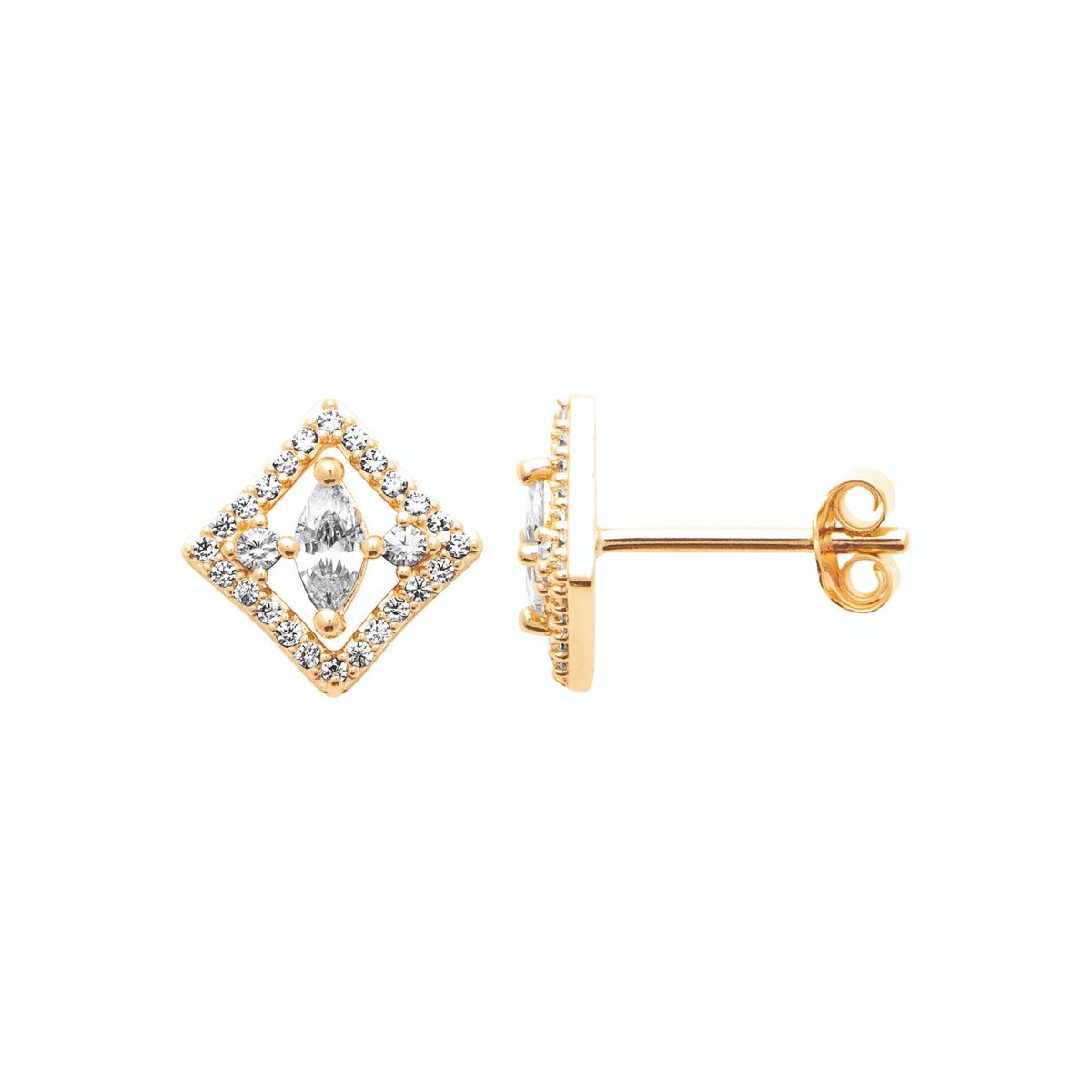 Boucles d’oreilles puces carré sur pointe et fleur de zircons en plaqué or