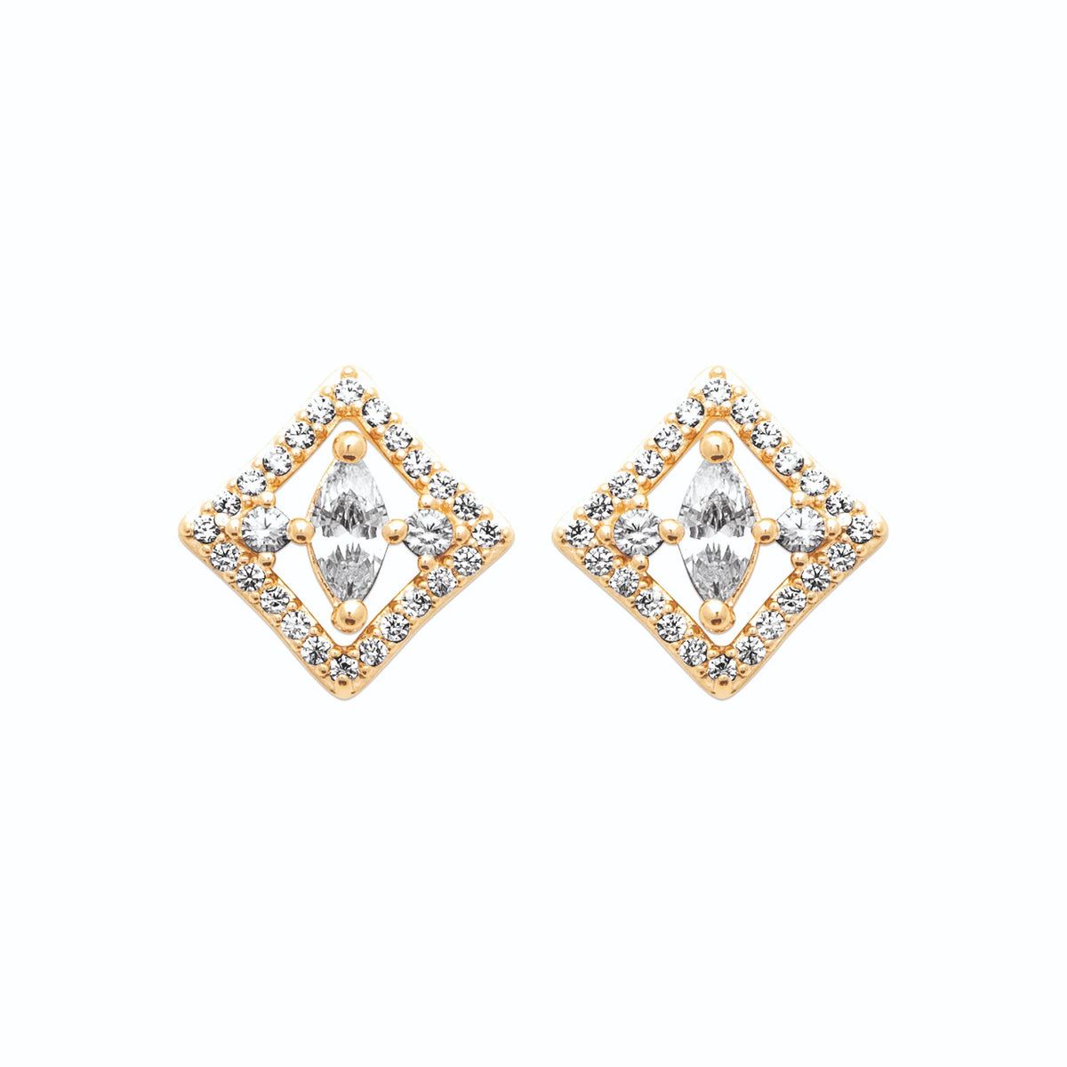 Boucles d’oreilles puces carré sur pointe et fleur de zircons en plaqué or