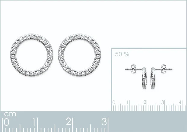 Boucles d’oreilles puces cercle ajouré pavé de zircons en argent 925, planche avec vue à taille réelle et réglet