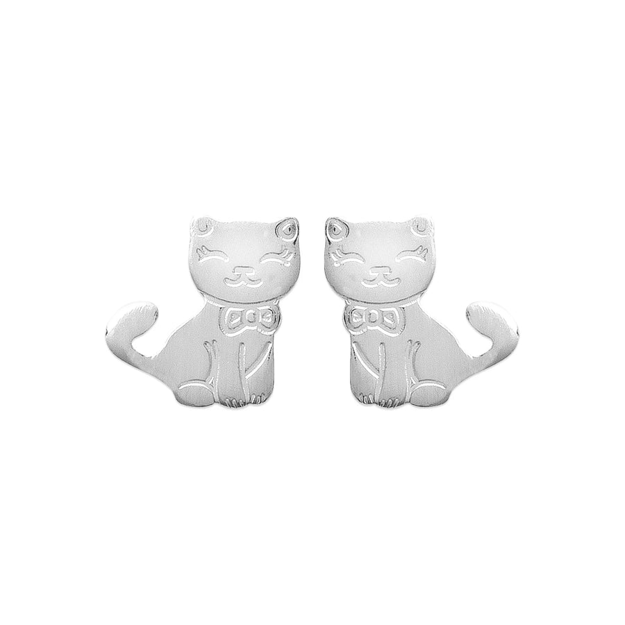 Boucles d’oreilles puces chat assis enfant en argent 925 rhodié, vue de face