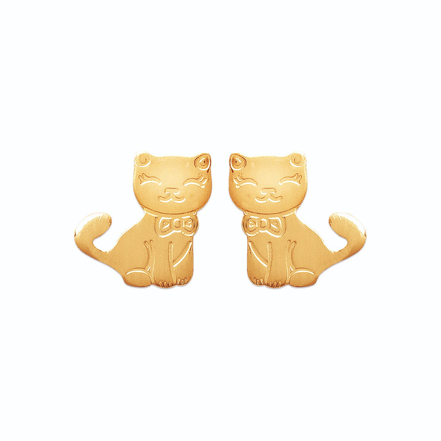 Boucles d’oreilles puces chat assis enfant en plaqué or, vue de face