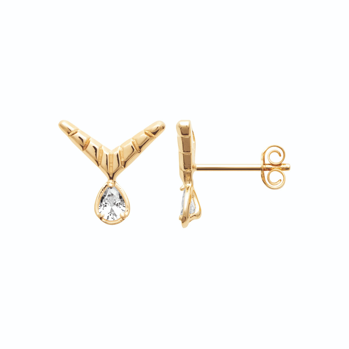 Boucles d’oreilles puces chevron et zircon poire en plaqué or