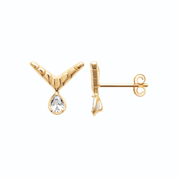 Boucles d’oreilles puces chevron et zircon poire en plaqué or, autre vue