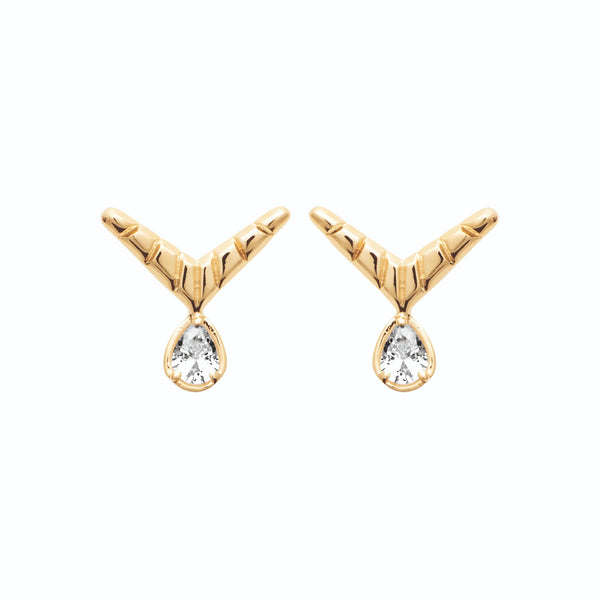 Boucles d’oreilles puces chevron et zircon poire en plaqué or