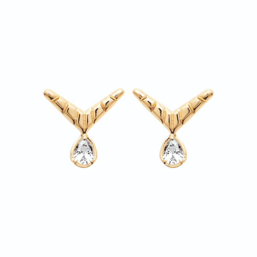 Boucles d’oreilles puces chevron et zircon poire en plaqué or, vue de face