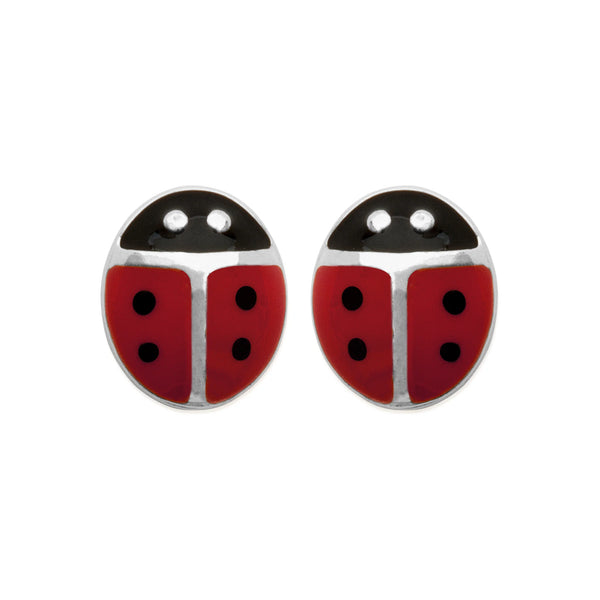 Boucles d’oreilles puces coccinelle enfant en argent 925 rhodié, autre vue