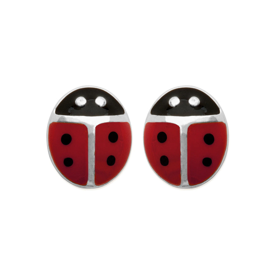 Boucles d’oreilles puces coccinelle enfant en argent 925 rhodié, vue de face
