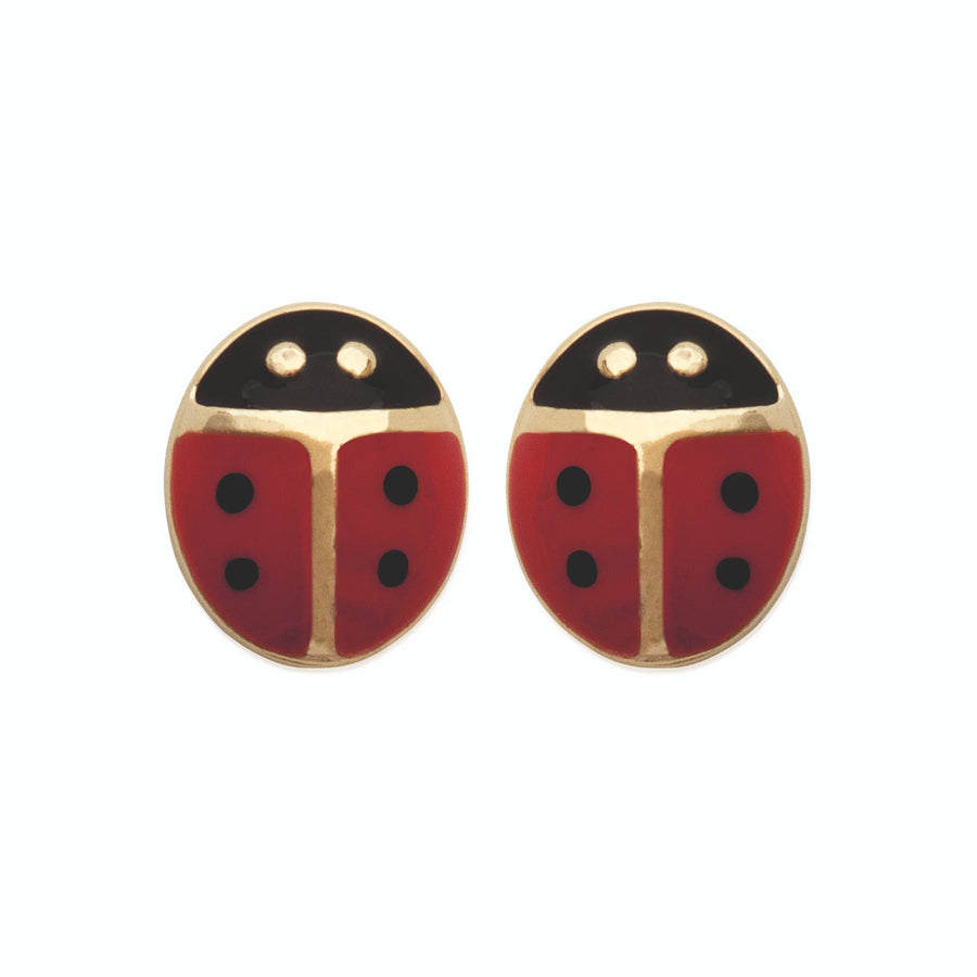 Boucles d’oreilles puces coccinelle enfant en plaqué or, vue de face