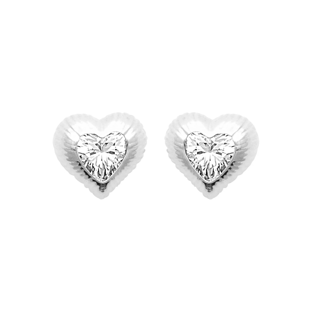 Boucles d’oreilles puces cœur bombé pavé de zircons en argent 925 rhodié
