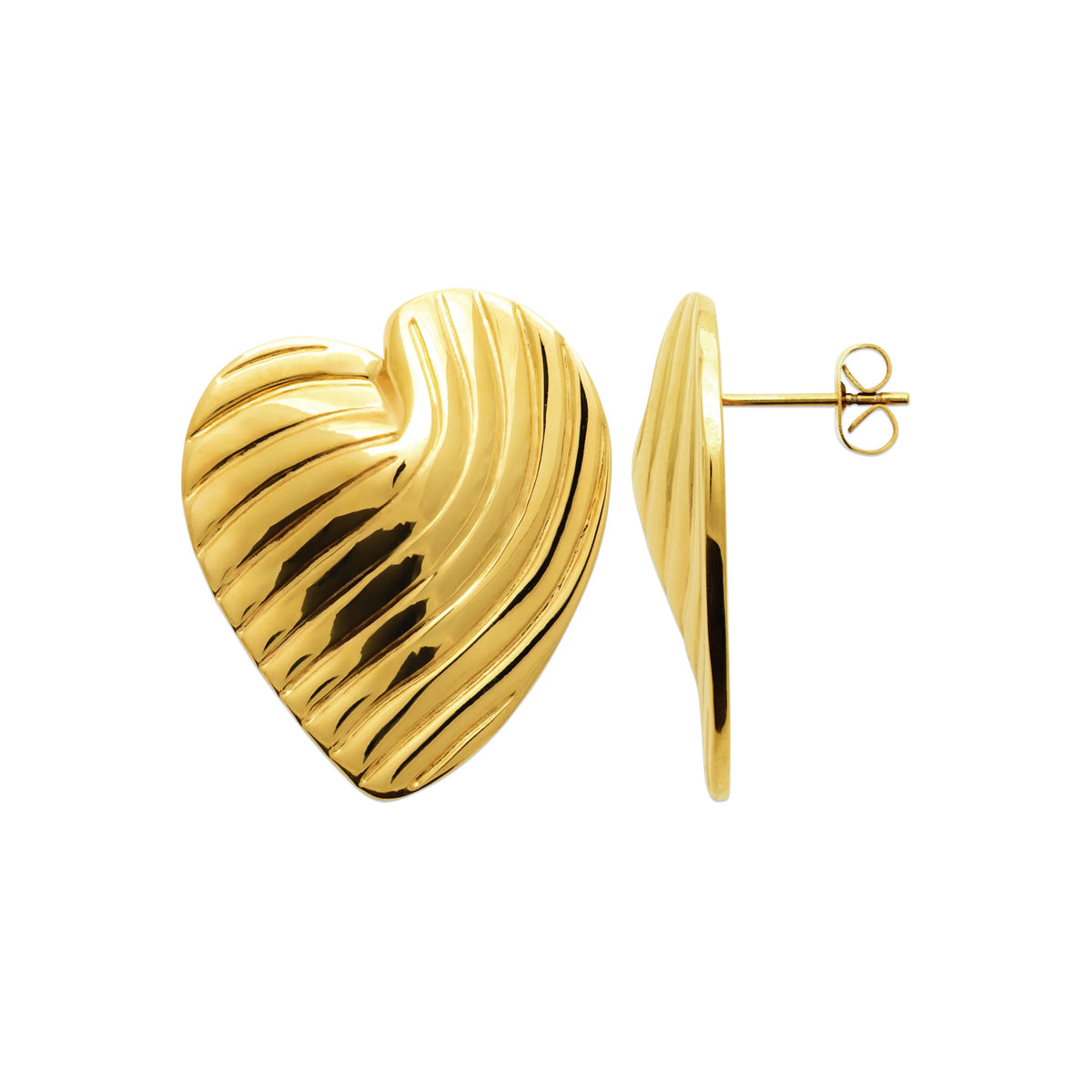 Boucles d’oreilles puces cœur bombé rainuré en acier PVD doré