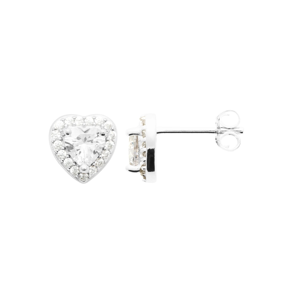 Boucles d’oreilles puces cœur et halo de zircons en argent 925, vue de profil