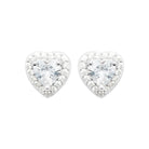 Boucles d’oreilles puces cœur et halo de zircons en argent 925, vue de face