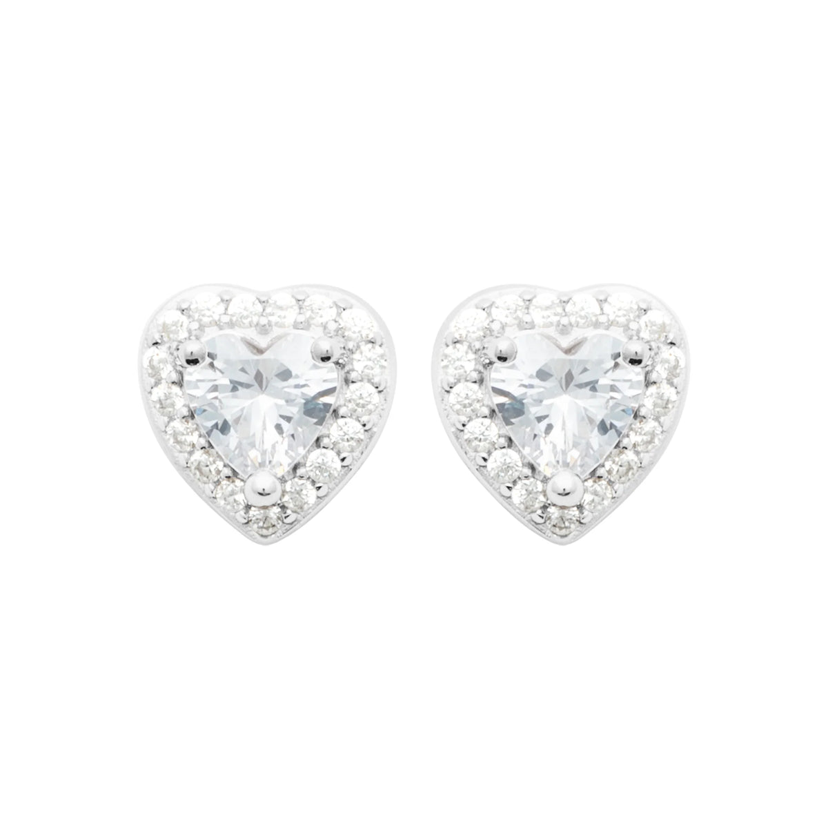 Boucles d’oreilles puces cœur et halo de zircons en argent 925, vue de face