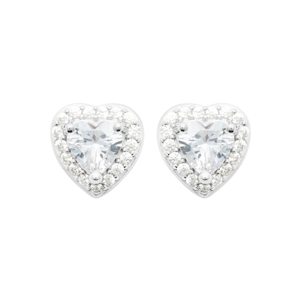 Boucles d’oreilles puces cœur et halo de zircons en argent 925, vue de face