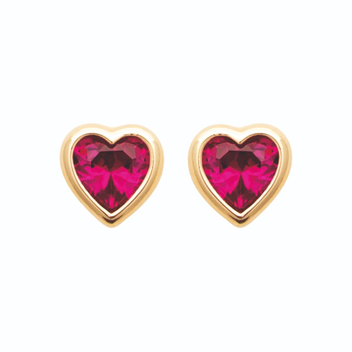 Boucles d’oreilles puces cœur rouge framboise serti clos en plaqué or