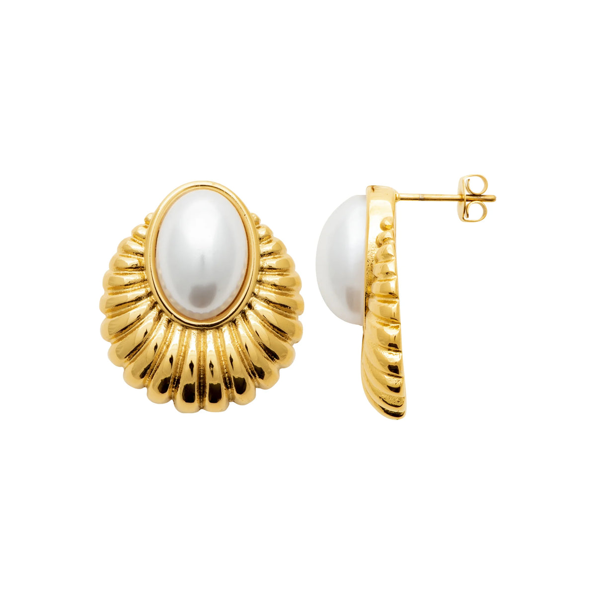 Boucles d’oreilles puces coquille godronnée et perle d’imitation en acier PVD doré