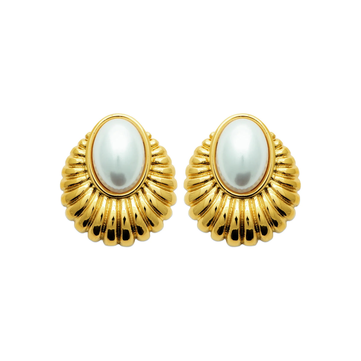 Boucles d’oreilles puces coquille godronnée et perle d’imitation en acier PVD doré