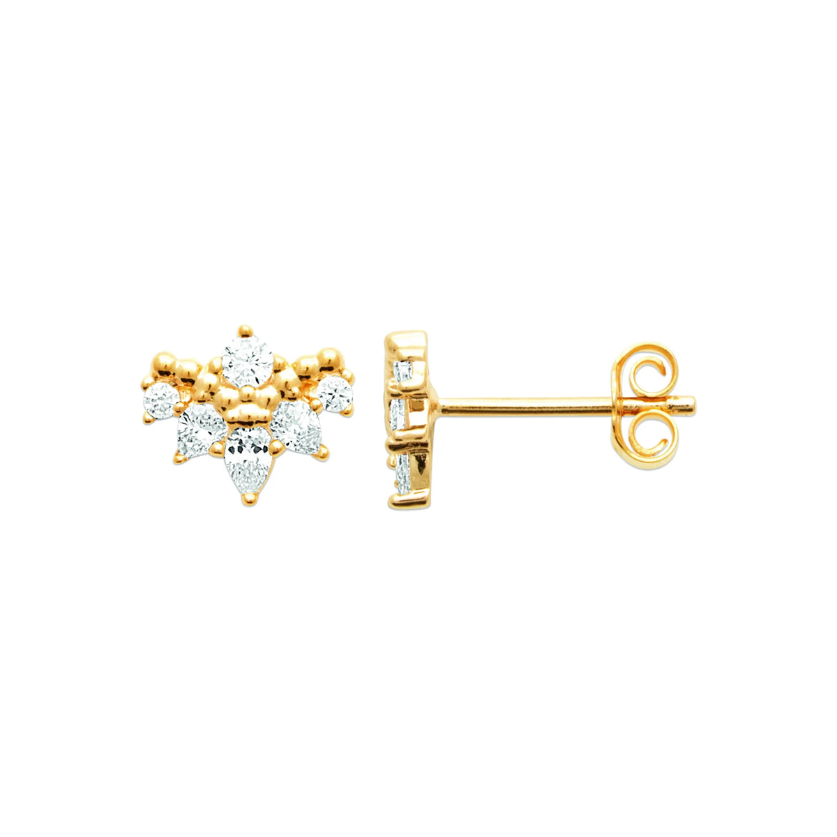 Boucles d’oreilles puces couronne de zircons et billes en plaqué or