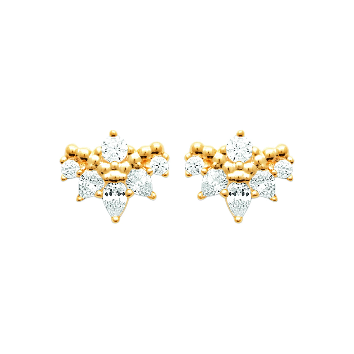 Boucles d’oreilles puces couronne de zircons et billes en plaqué or