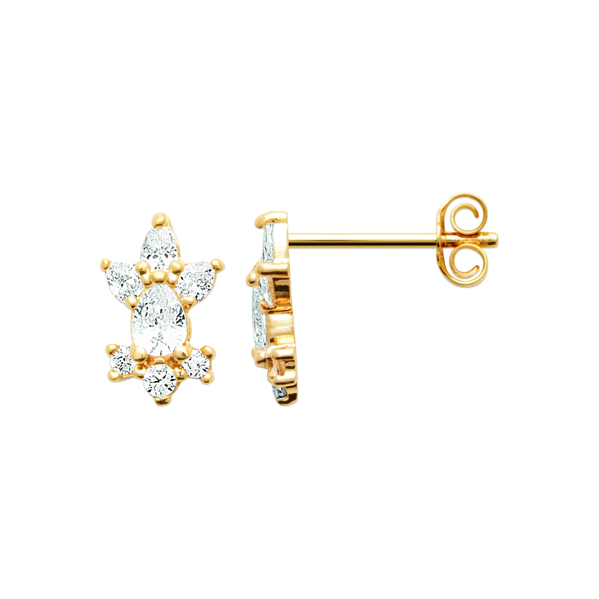 Boucles d’oreilles puces couronne de zircons et pierre rectangle en plaqué or