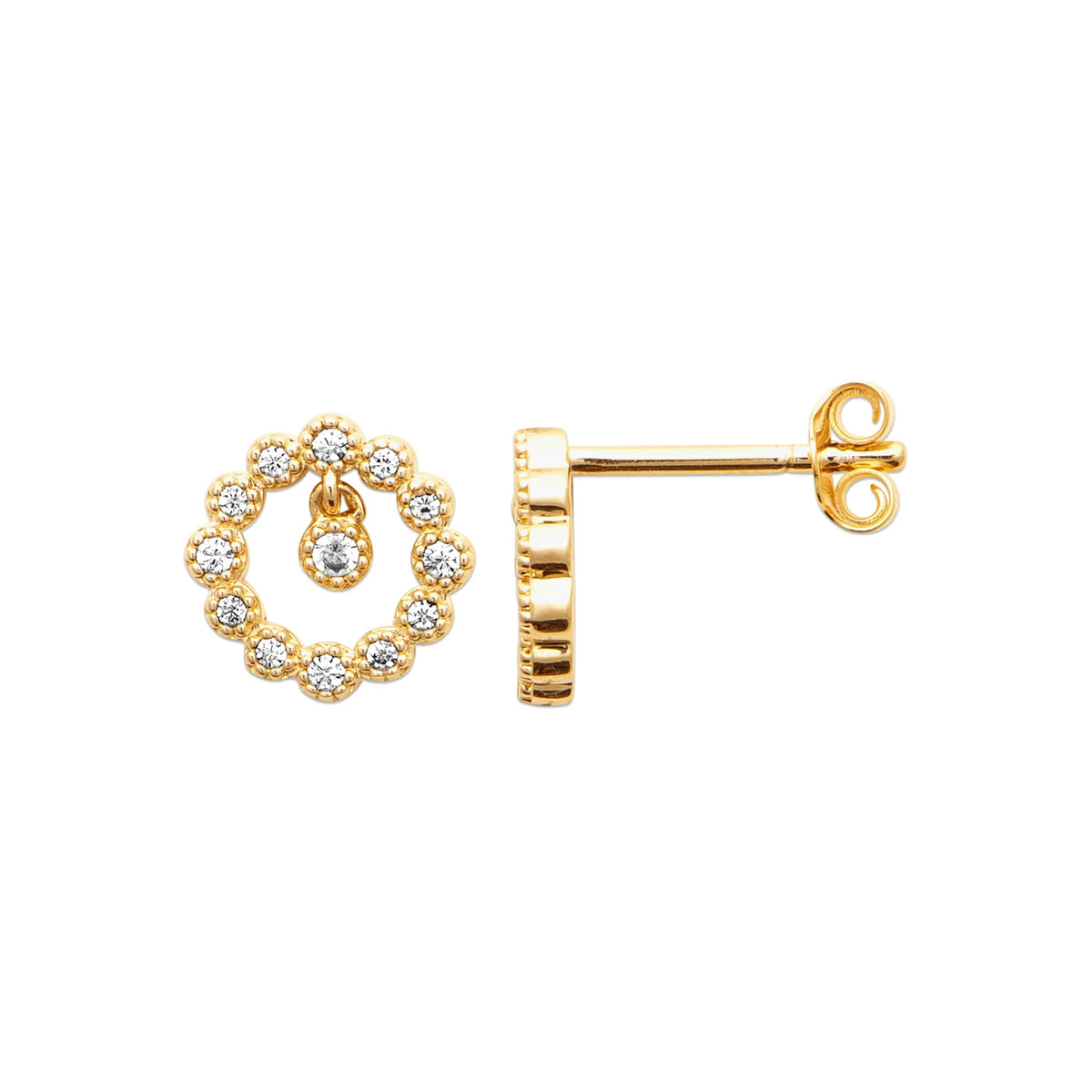 Boucles d’oreilles puces couronne de zircons et zircon mobile en plaqué or