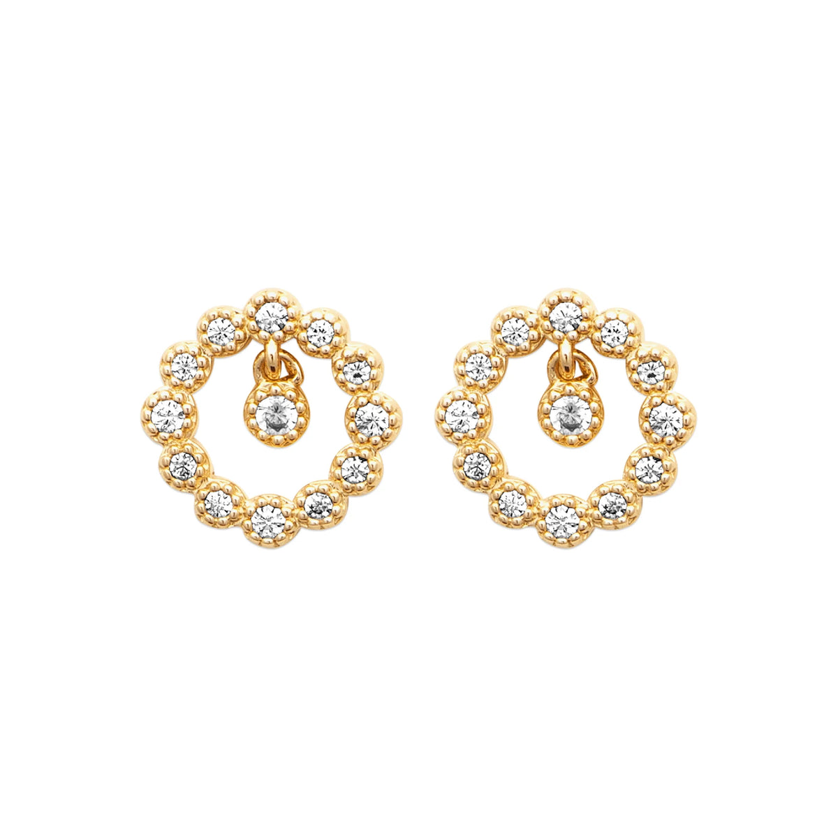 Boucles d’oreilles puces couronne de zircons et zircon mobile en plaqué or